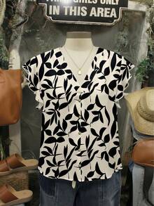 Mellowie VCAY 大码女士休闲印花衬衫，适合夏季穿着，女士夏季上衣，印花衬衫，短袖衬衫，纽扣衬衫，V领衬衫，教师款女士时尚衬衫 - 彩色 - 查看 1