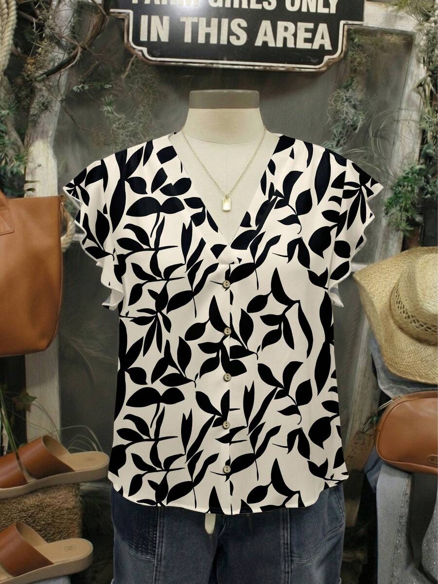 Mellowie VCAY 大码女士休闲印花衬衫，适合夏季穿着，女士夏季上衣，印花衬衫，短袖衬衫，纽扣衬衫，V领衬衫，教师款女士时尚衬衫 - 彩色 - 查看 1