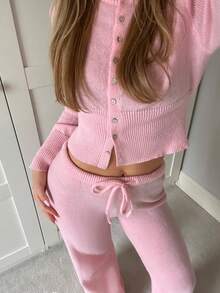 CovetEZ 两件套：女士粉色圆领长袖针织开衫和抽绳腰针织裤 - 粉色 - 查看 1