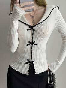 DAZY 女士黑白相间领口系带修身毛衣 - 黑與白 - 查看 5