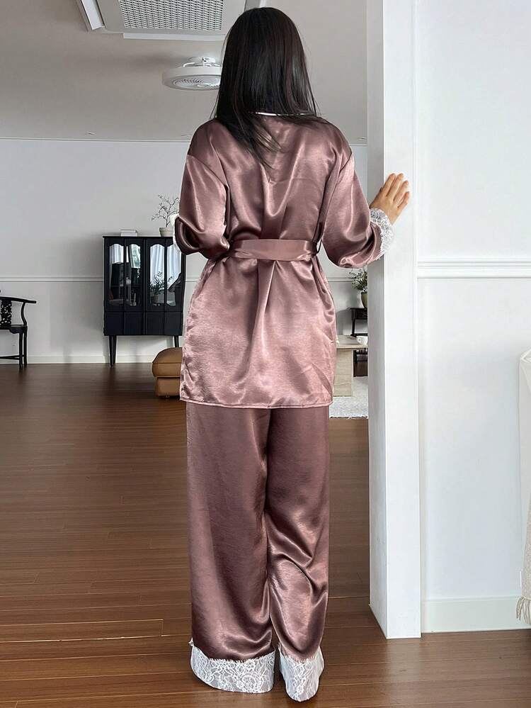 Satin & Lace Patchwork Robe & Pants Sleepwear Set For Women