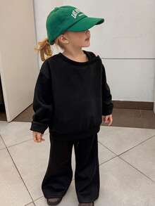 DAZY 2件套女童针织抓绒斜肩长袖卫衣和高腰抽绳喇叭休闲裤套装，秋季 - 黑色 - 查看 5