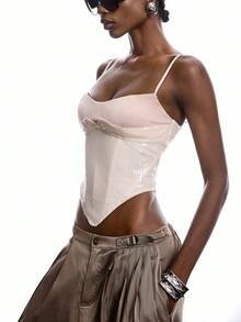 LYSMO 2026 New Arrive Minimalism Spring/Summer Sequin Patchwork Asymmetric Hem Criss-Cross Back Strap Camisole - Apricot - View 6