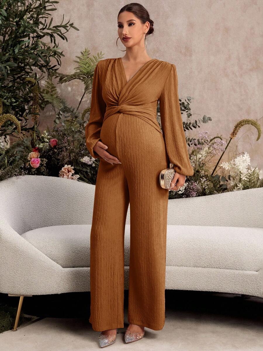 SHEIN Elegant Solid Color Twist Jumpsuit For Pregnant Women - Brown - View 1