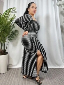 Hourglow 女士秋季服装，冬季加大码休闲条纹修身开衩长袖连衣裙 - 黑色 - 查看 3