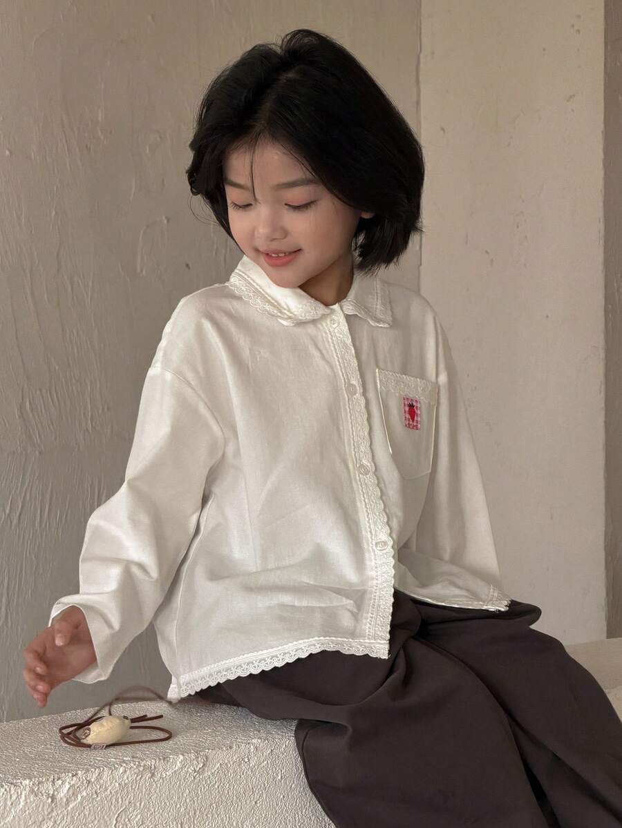 DAZY Young Girl Lace Patchwork Cartoon Applique Long Sleeve Blouse Shirt Spring - White - View 1