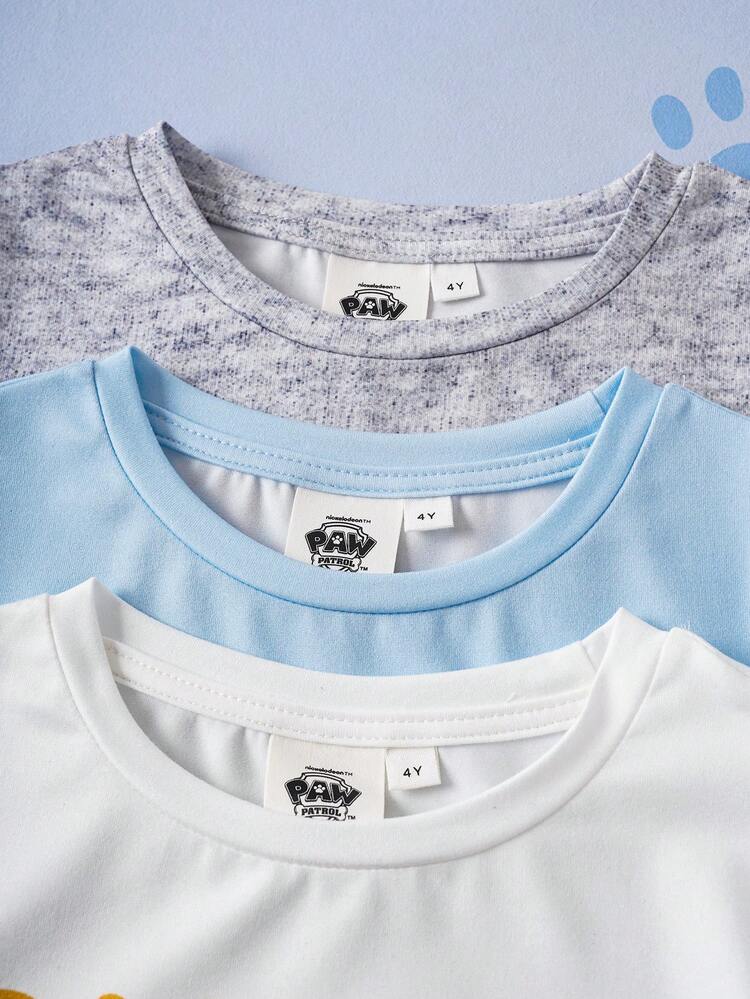 SHEIN | PAW Patrol Set de 3 camisetas de punto de manga corta con cuello redondo y estampado de perro de dibujos animados para niño pequeño - Multicolor - Añade 3