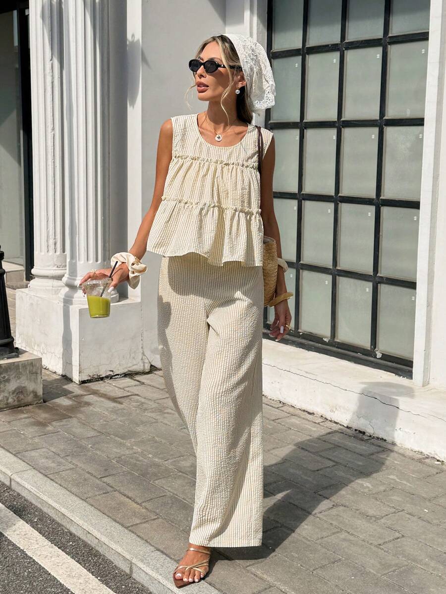 Serisse 女士休闲条纹吊带背心和裤子两件套，夏季 - 杏色 - 查看 1