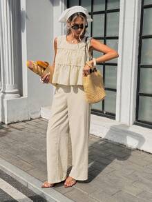 Serisse 女士休闲条纹吊带背心和裤子两件套，夏季 - 杏色 - 查看 4