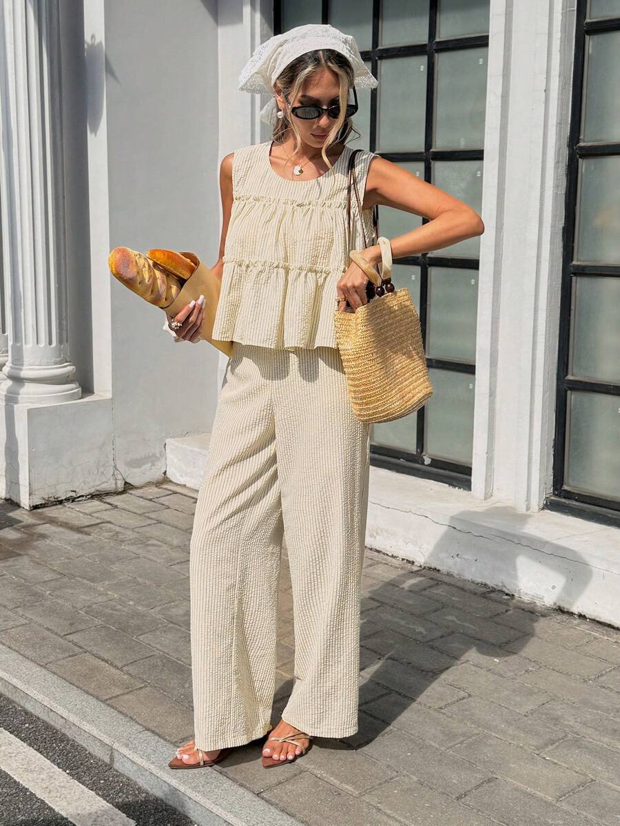 Serisse 女士休闲条纹吊带背心和裤子两件套，夏季 - 杏色 - 查看 1