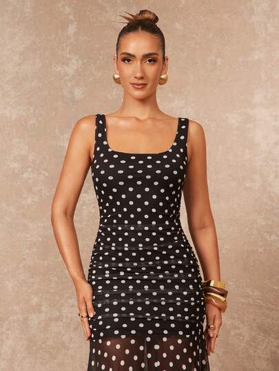 Lumalex Women's Elegant Polka Dot Mesh Sleeveless Fitted Flared Dress, Spring/Summer Polka Dot Layered Ruffle Hem Long Sleeve Flare Waist Bodycon Dress For Women  Outing Summer Swimsuit Swimwear Swim Vacation Easter Bohemian BOHO Sea Beach Hot Outdoor Richly Layered Wedding Season Banquet Coming Of Age Ceremony Beach Seaside Polka Dot Print Scoop Neck Waist-Cinched Maxi Long Hem Sleeveless Dress For Women Summer Swimsuit Swimwear Swim Dresses For Women Women Long Dresses New Arrivals Women Dress,Summer Dresses For Women,White Dresses For Women,Graduation,Teacher Outfits For Women,Teacher Dress Wedding Guest, Bridal, Bride, Mother Of The Bride, Wedding Party, Formal Occasion, Special Occasion Wedding Guest Cocktail Attire Formal Matching Set His & Hers, Proposal Gift Of Love Celebration Sweetheart Be My Valentine