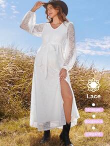 Boho Mama Spring Outfit Women Maternity Solid Color Long Sleeve V-Neck Contrast Lace Dress,White Lace Slit Maxi Dress For Pregnant Women - White - View 7