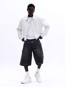 SUMWON Quần short Bermuda dáng rộng, ống loe, dài đến đầu gối, chất liệu denim mài bạc màu, kiểu dáng mùa hè thoải mái, rộng rãi. - Xám - Xem 3