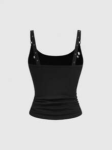 ROMWE Grunge Punk 音乐节摇滚金属风无袖圆领低胸性感黑色吊带背心（女款） - 黑色 - 查看 2