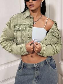 Jeanoix Fashionable Distressed Washed Cropped Denim Jacket - Army Green - View 6