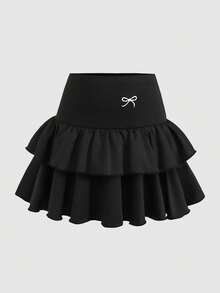 SHEIN Girlism 少女半身裙 - 瑜伽、打底裤、休闲、运动、上学、返校季，精致刺绣蝴蝶结，黑色衬里双层荷叶边蛋糕裙/迷你裙，春夏款，清爽百搭，基础款，日常穿着，运动时尚夏季款，返校季，校服 - 黑色 - 查看 6