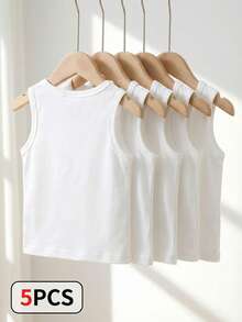SHEIN Playful Pals 5pcs/Set Baby Boys' Casual White Knitted Sleeveless Vest Tops, Suitable As Undershirt, For Outdoors, Daily Casual Wear, Travel, 6 Months To 3 Years Old, Suitable For Spring/Summer, Easy Comfort, Casual Wear SS, Family Outing Season, Cherished Little Joy, Vacation Kidswear, Vacation Outfits, Baby Essentials, Chill Vacation, Cozy Feel, Kids' Daily Fashion Baby Tank Tops Baby Boy Tank Tops Toddler Undershirts White Tops For Baby Boy Toddler Tank Tops Boy Baby Undershirts White Baby Tank Tops - White - View 2