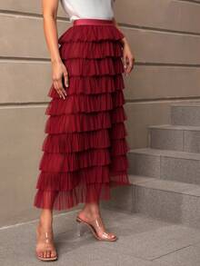 Faldas elegantes de mujer en forma de A - faldas sólidas, faldas de pastel, faldas largas de gasa en capas de temperamento, faldas largas de cintura alta, faldas largas plisadas, vestidos casuales y formales, faldas elegantes de cintura alta de doble uso - Rojo - Ver 3