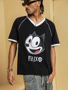 Felix The Cat X SHEIN Áo thun nam tay ngắn cổ chữ V họa tiết hoạt hình tương phản - màu đen - Xem 5
