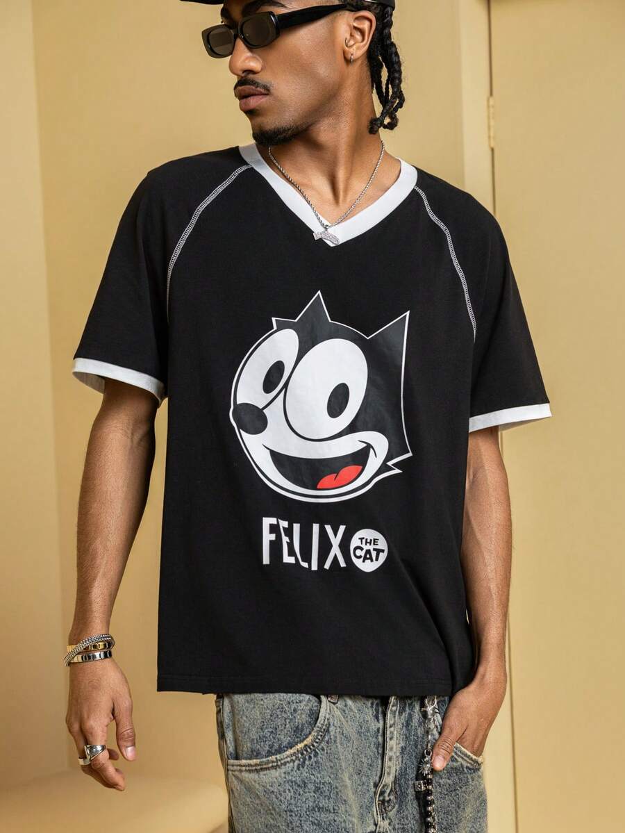 Felix The Cat X SHEIN Camiseta de manga corta casual con cuello en V, ribete de contraste y gráfico de dibujos animados para hombres - Negro - Ver 1