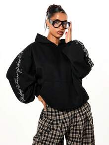 SUMWON WOMEN Áo hoodie dáng rộng màu đen, tay dài, kiểu dáng thoải mái, in chữ, thích hợp mặc mùa đông. - màu đen - Xem 4