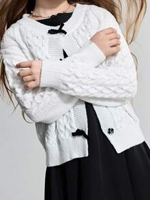 Ontre Tween Girl Bow Decor Crew Neck Sweater - White - View 4