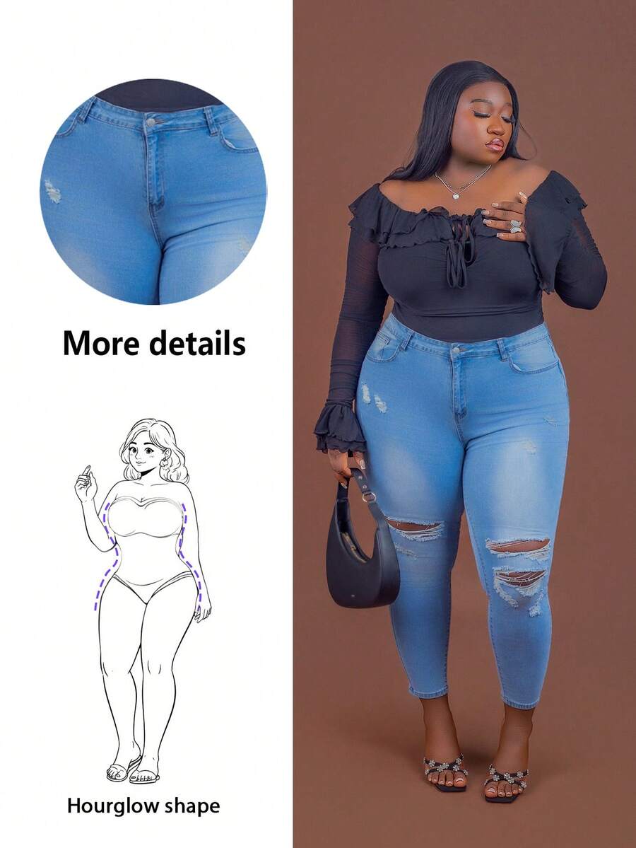 CurvyTilda Cộng với kích thước quần jean denim vừa vặn đau khổ thông thường - Rửa nhẹ - Xem 1