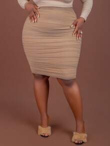 CurvyTilda Chân váy bút chì lưới nhún cạp cao Plus - Màu Khaki - Xem 5