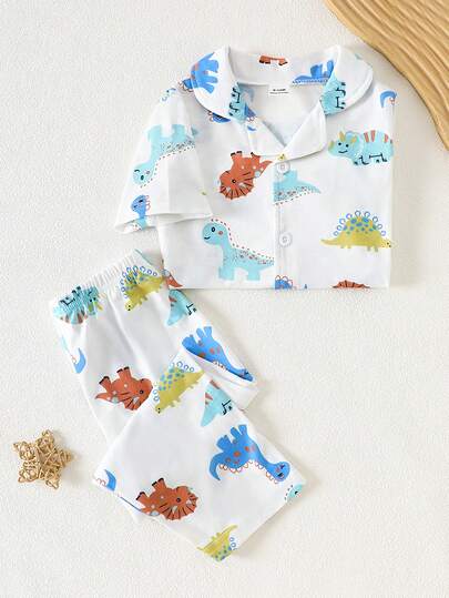 两件套幼儿男童休闲恐龙印花短袖上衣和裤子套装，舒适宽松夏季家居服