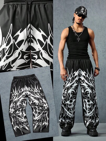 Street Life Men's Fashion Street Oblique Pocket Japanese Anime Thorn Print Pants