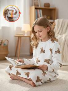 Tween Girls Pajamas-Warm Holiday Sleepwear Long Sleeve Round Neck Long Nightgown With Teddy Wear Print Plush Lined Cozy Winter Pajama Dress Loungewear Soft Cuddly Sleep Dress For 2026 New Year Family Matching Festive - Multicolor - View 3