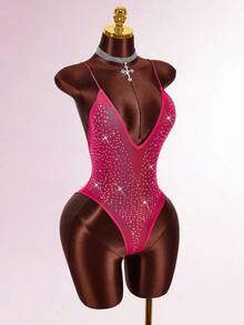 Amplova Rhinestone Glitter Backless Sheer Sexy Bodysuit For Party - Hot Pink - View 7
