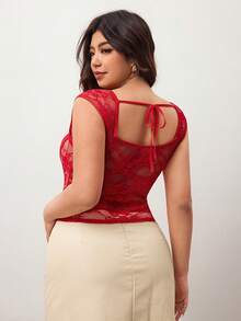 Hourglow 大码女士优雅纯色蕾丝无袖上衣，适合通勤，适合各种身材，情人节特惠 - 紅色 - 查看 4