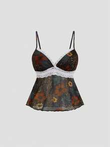 Sweetra Bohemian Style Mesh Floral Print Patchwork White Lace Bralette Camisole For Women, Spring/Summer - Multicolor - View 1