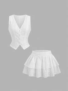 Sweetra Romantic Sweet Vacation & Party V-Neck Sleeveless Blazer Vest & Ruched Low Waist Mini Skirt 2 Pieces Set - White - View 3