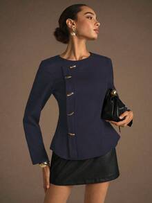 Modelyn NOVVYNE Woven Non-Stretch Black Long Sleeve Metal Button Fitted Outdoor Blouse, Fashionable & Elegant For Women Office Wear Commute - Navy Blue - View 5