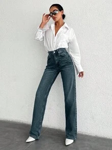 SHEIN Tall Quần jean ống đứng cạp cao thường ngày - Màu xanh bụi bặm - Xem 3