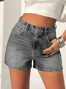 Quần short denim nữ cạp cao có túi, kiểu dáng thường ngày, đa năng. - Màu Xám nhạt - Xem 6