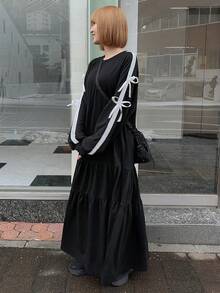 FRIFUL Women's Round Neck Contrast Color Ribbon Bow Decor Patchwork A-Line Long Casual Street Dress - Black - View 2