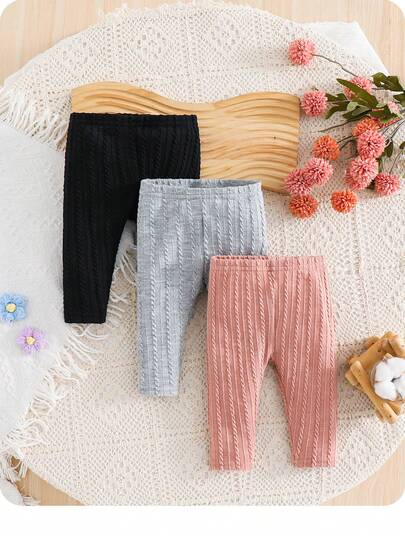 SHEIN Set de 3 leggings de punto con cintura elástica lindos para bebé niña/niño recién nacido, versátiles para primavera, verano, otoño e invierno