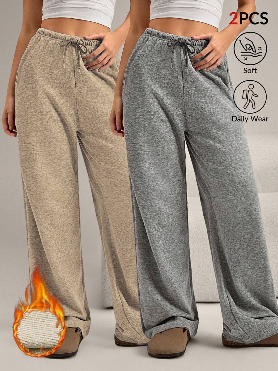 SHEIN 2pcs Women Solid Color Casual Lounge Pants, Winter - Multicolor - View 1