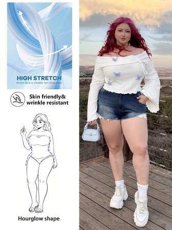 Hourglow Camiseta holgada con mangas acampanadas y hombros descubiertos para mujer talla grande, con mariposa azul y moño, elegante camiseta para otoño/invierno