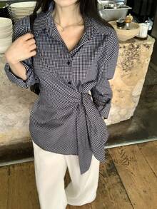 DAZY Women's Casual Tie-Up Korean Style Plaid Long Sleeve Shirt