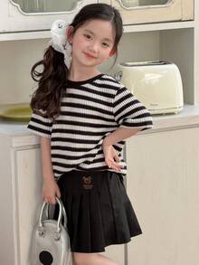 DAZY Young Girls Round Neck Striped Casual Short Sleeve T-Shirt Summer - Black and White - View 2