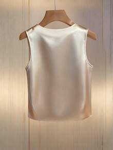 Franclia Elegant V-Neck Beaded Sleeveless Women Tank Top Pearl Top Satin Top Satin Tops For Women Women Tops Elegant Dress Top - Apricot - View 2