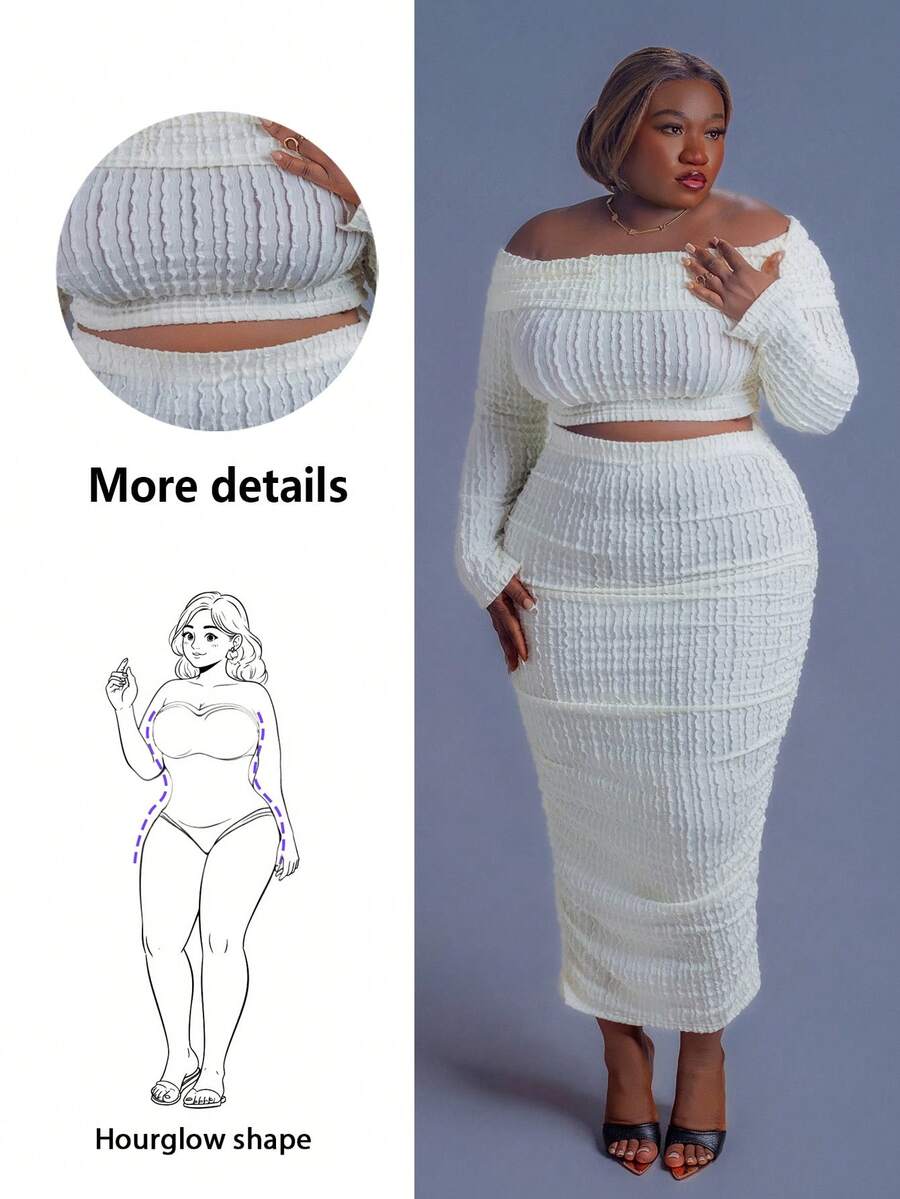 CurvyTilda Damen Große Größen Set aus texturiertem Off-Shoulder Langarm Crop Top und Rock in Unifarbe, 2-teilig, für Herbst/Winter - Aprikosenfarben - Übersicht 1