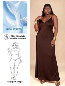 CurvyTilda Maxikleid aus Satin für Damen in Große Größen mit ärmellosem V-Ausschnitt und rückenfreier Passform, Farbe: Gelb, geeignet für Urlaub, Musikfestivals, Geburtstage, Brunch, Hochzeitsgäste, elegante Partykleider für Frauen, Herbstmode für Frauen, Schulkleidung, Y2K-Mode, Landoutfits für Frauen, Vintage-Kleidung für Frauen, Festivaloutfits für Frauen, Hochzeitsgastkleid für Kurven - Kaffeebraun - Übersicht 8