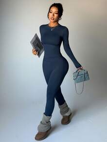 Dewbera 女士无缝运动套装，紧身长袖上衣和高腰收腹打底裤 - 藏蓝色 - 查看 3