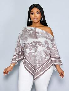 SOLERSUN 女士加大码休闲优雅杏色印花不对称领长袖不对称下摆衬衫斜肩开衩袖宽松时尚衬衫复古日落假日印花蝙蝠袖上衣新款上市百搭日常通勤、外出、静谧奢华度假、女士休闲衬衫、假日服装 - 棕色 - 查看 3