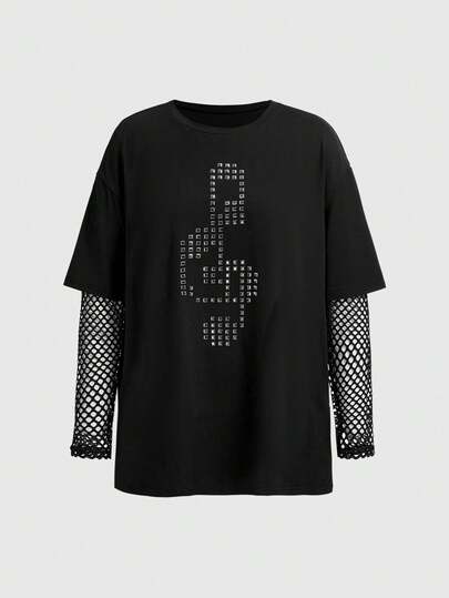 Gothic Academy Cat Print Mesh Patchwork Loose T-Shirt For Women, Back To School Season